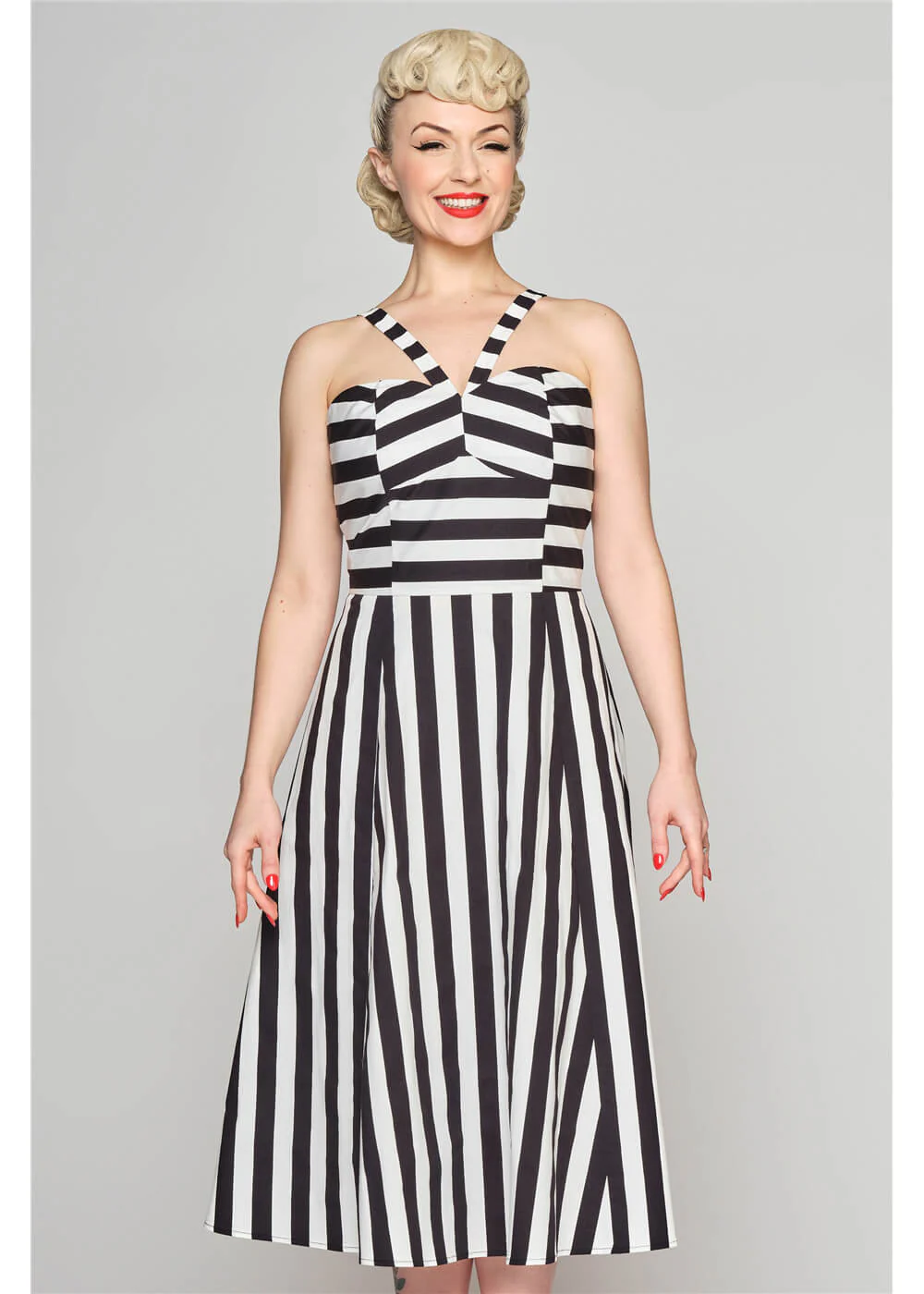 Collectif Emma Robe Swing Années 50 à Rayures Contrastantes Noir Blanc – Image 2