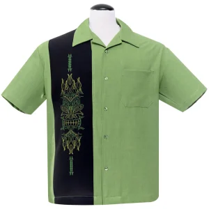 Steady Pinstripe Tiki Panel Bowling Shirt Groen