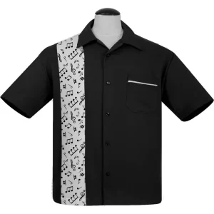 Steady Clothing Heren Music Note Panel Bowling Shirt Zwart Wit