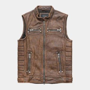 Gilet de moto en cuir marron vintage
