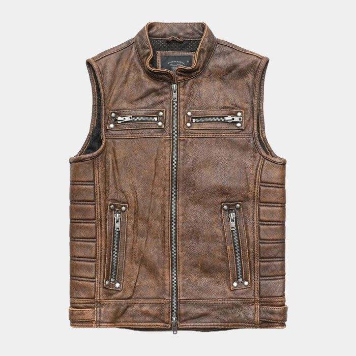 Gilet de moto en cuir marron vintage